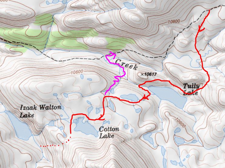 Red is my route on day 2; Magenta on day 3.  Dotted line was where I was originally headed