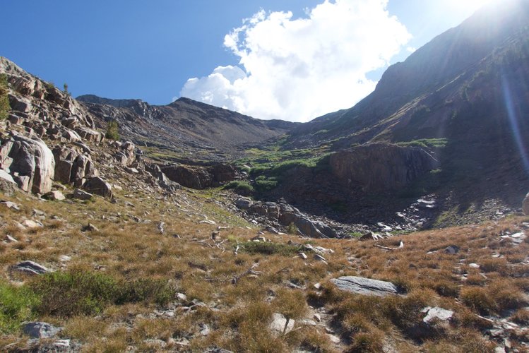 The eastern side of Red Pass. There is a good use trail on this side of the pass, following the south side of the drainage.