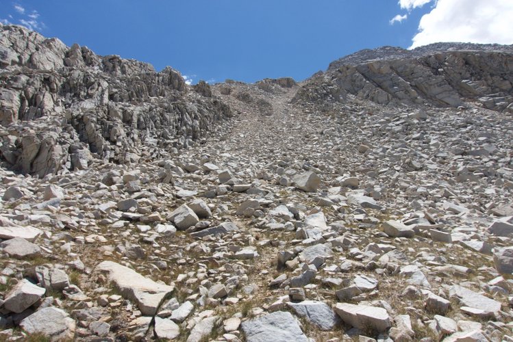 At the northern foot of Cartridge Pass. There is a good use trail ascending this pass, although it's difficult to see in this image.