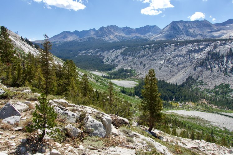 Descending to the South Fork Kings River from Cartridge Pass, looking southeast. Taboose Pass is in the distance left-of-center.