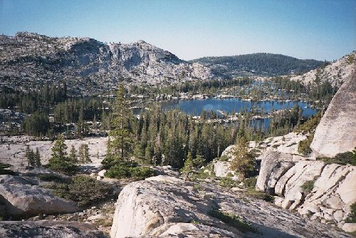 Many Island Lake in its bowl, and the ramp leading down to it.
