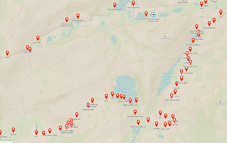waypoints, note some camps mean that I could drop my fly creek ul1 there, not actual actual camps.