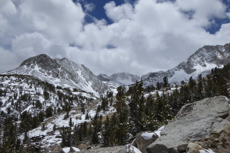 Heading up the switchbacks to Mono Pass, towards the storm