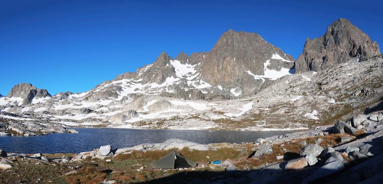 Camp at sunrise at Upper Nydiver Lake