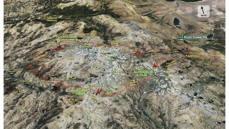 Overview map of the Three Passes High Route. My route is highlighted in red. The three major passes are highlighted in green. Other landmarks of interest are indicated in yellow.