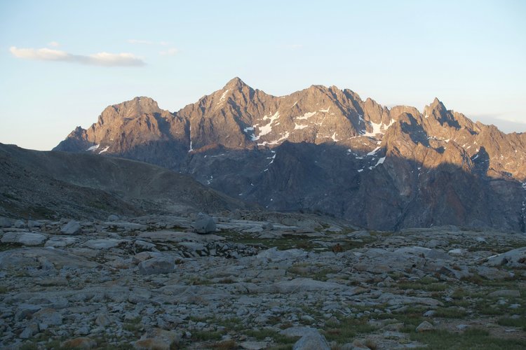 Sunset light on Ritter and Banner, seen from Blue Lakes