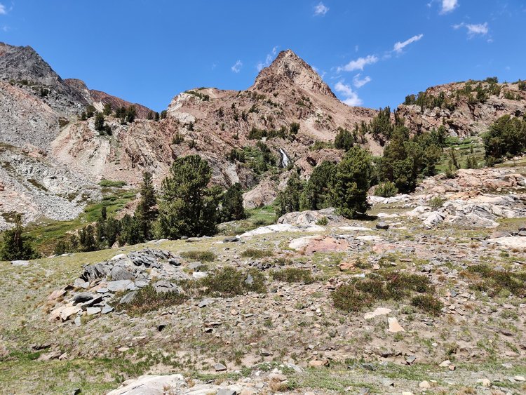 Meadow with waterfall above it ~200 feet above big McGee lake.