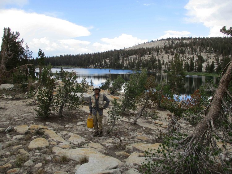 Our high campsite requires a long bucket haul to supply our water.