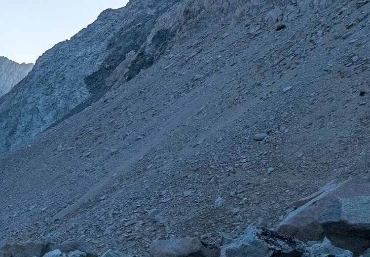 it's hard to see in this screenshot, but looking back up we both saw what looked like a trail going high in the scree on the side. the tyndall hut ranger didn't know anything about this, and I didn't notice it coming down but it matches the higher OSM trail and if it's in, say, something like mono pass condition it'd be a magical bypass of the talus. or it could just be a few scattered sections of trail broken up by loose scree. I'd be really curious to know what it's actually like!