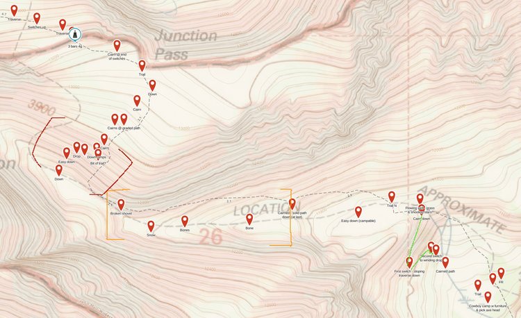 the red is the steep loose garbage. the orange is the not so bad but somewhat annoying talus. the green is a nice path consisting mainly of two long switches and a zipper out that I (and the tyndall hut ranger Rob) enjoyed despite some trees growing into the path. no idea why both trails go the other way.