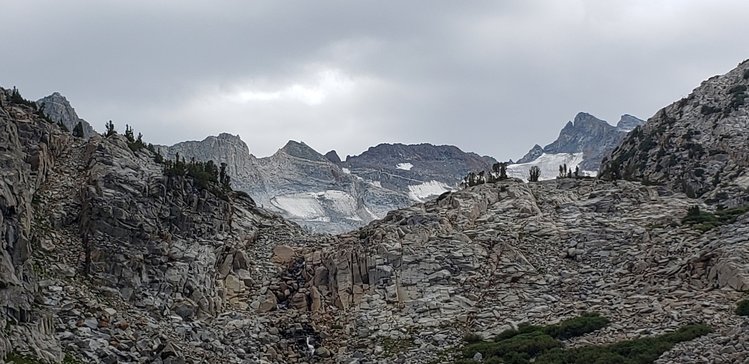 Lyell Peak and Glacier from camp just before the real storm