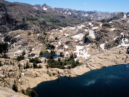 Middle and Lower Lewis Lakes. You can see Carne's mapped route on the far side of the lake. Note the volcanic mountains on the left contrasting with the granite below.
