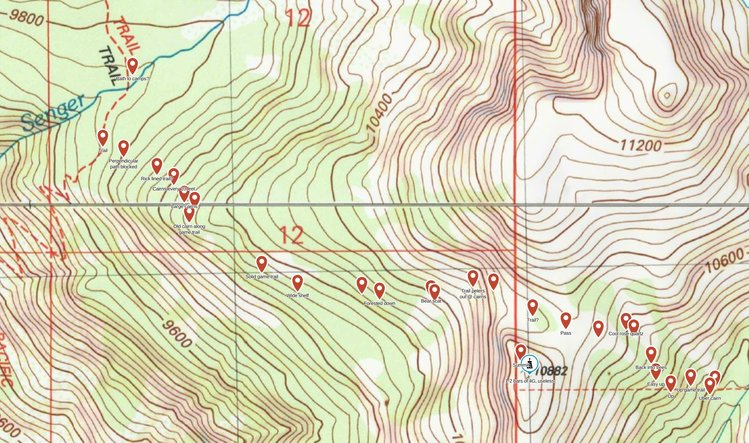 waypoints (not all of them on the trail, but that's the general idea)