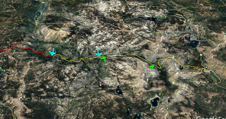 Red line = GPS track<br />Blue arrow= 7 miles of no trail and unknown difficulties<br />green arrow= section of estimated camp Irene to fourth of july lake.<br />yellow line= estimated planned route to navigate.