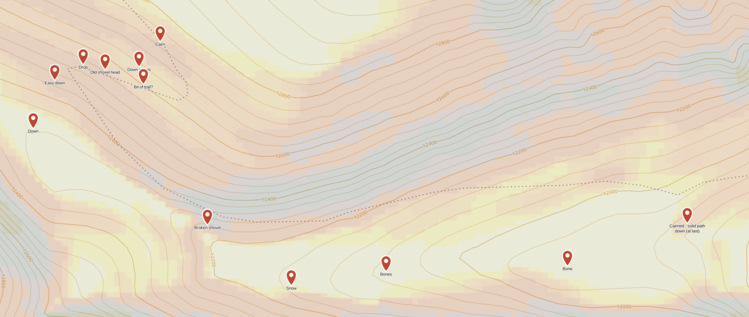 waypoints on top of the new best guess for the old trail on OSM