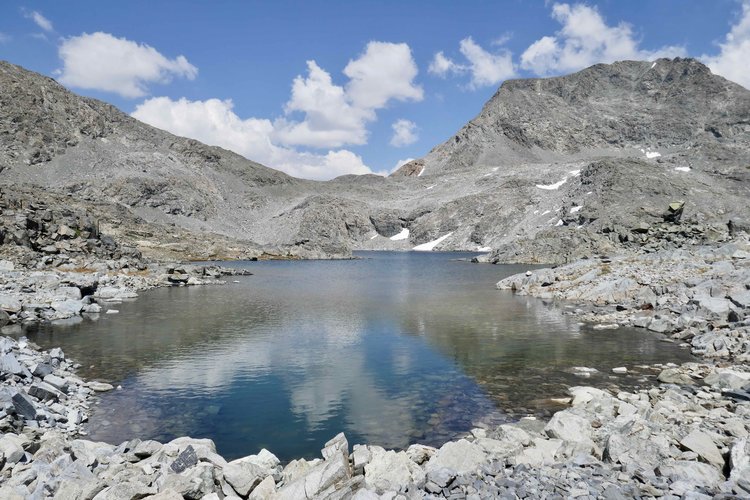 Hudson Pass (dead center) from lake due west -- I came down the talus field left of center