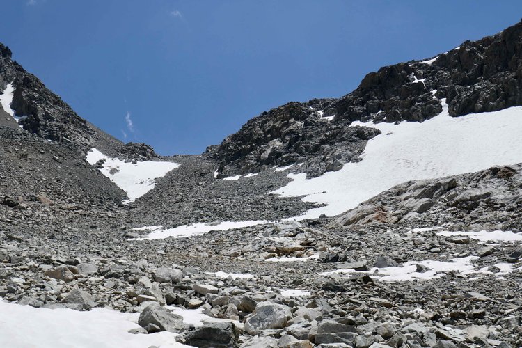 Approach from north. Secor says go high on east/left. I went low on right/west below triangular snow field.