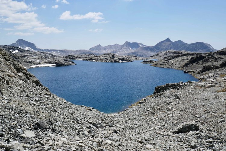 Descent. Lake below Peak 12434. Way down is chute off to the right not in this image.