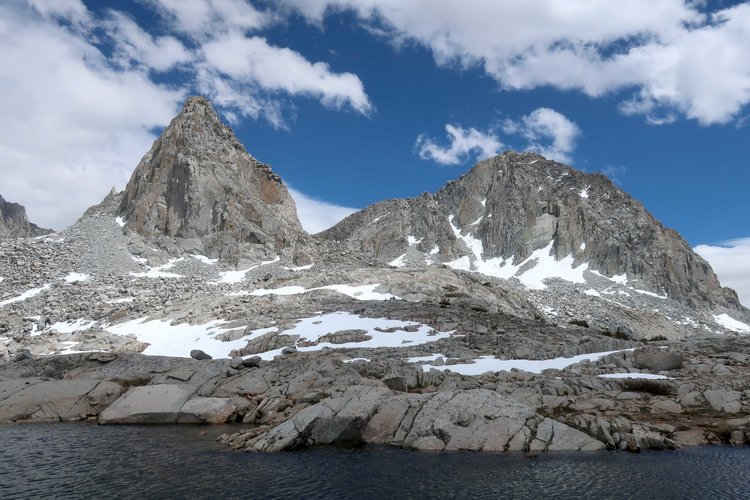 Isocelese and Columbine Peaks dominate the view from Lake 11388
