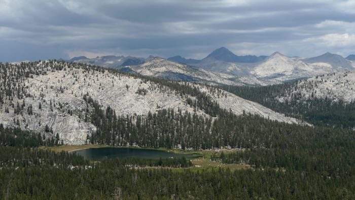 View east to Crown Lake and Mount Goddard from x-c ridge north of Chuck Pass