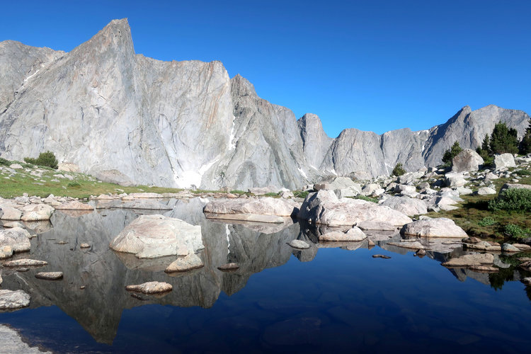 Mt Geikie reflected in pond on ridge north of Pyramid Lake