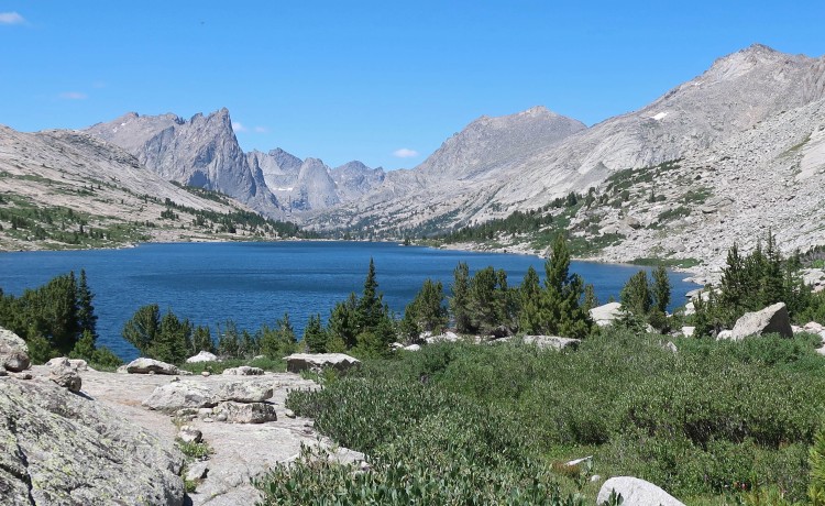 View from inlet end of Deep Lake, Cirque of Towers on skyline