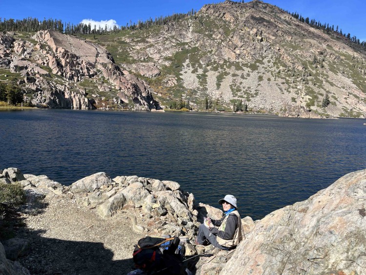 Judy at Long Lake, the signature lake of Lakes Basin and a difficult nut to crack from a fishing standpoint.
