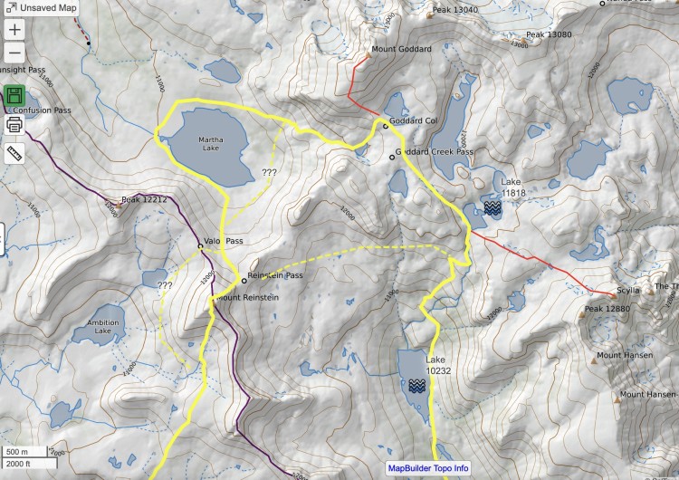 My backpacking route is in yellow. Red lines indicate side-trips to Goddard and Scylla. Yellow dotted lines indicate areas where I have questions, and need advice.