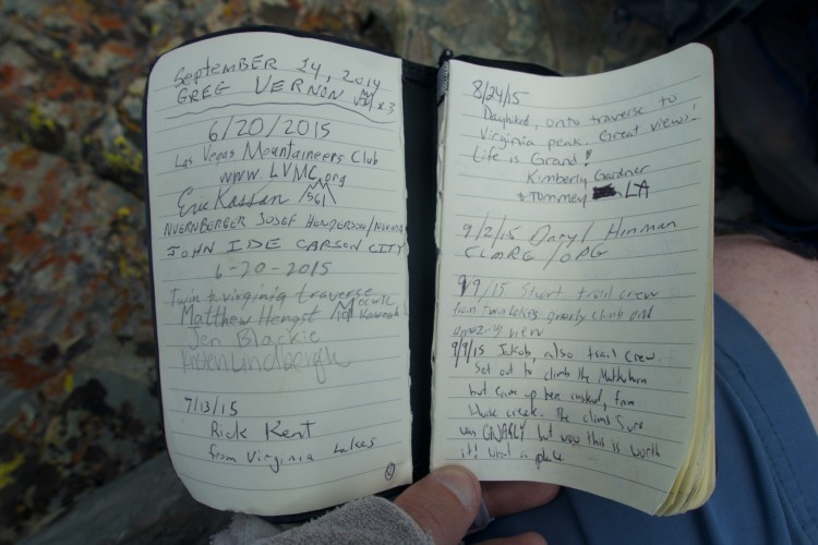 First page of the Twin Peaks summit register. Placed in 2014.
