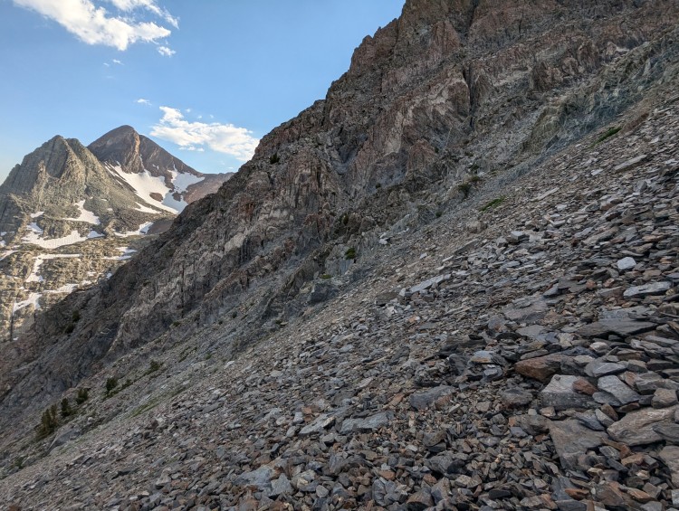Descending the West Gully. . . endless steep talus, but manageable.