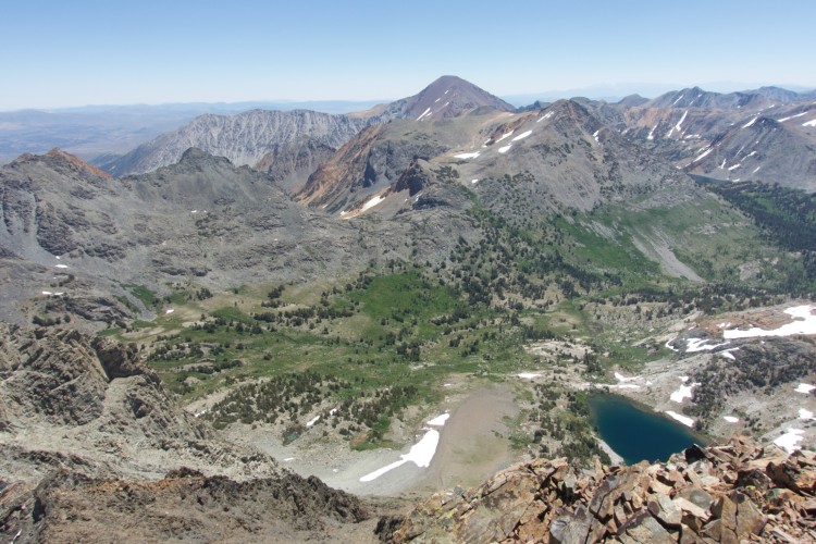 On Virginia Peak, looking east over Virginia Canyon. Return Lake is in the bottom right.