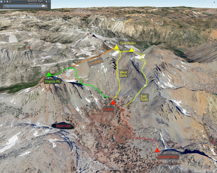 Overview of routes on Twin Peaks and Virginia Peak. I climbed Twin via East Gully and descended West Gully. I climbed Virginia Peak using its famous north ridge route. There is a class 3 ridge connecting Twin to Virginia, but I didn't have time to explore that route on this trip.