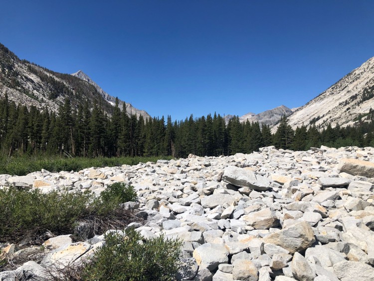 The trail disappears in talus along Cartridge Ck