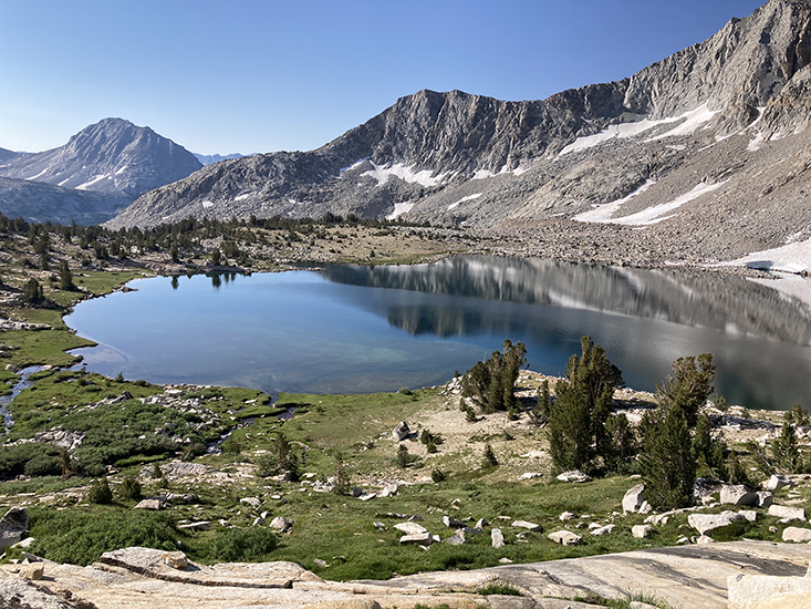 Looking back at Merriam Lake during our ascent toward Feather Pass.  Our campsite was near the upper left side of the lake in the photo.