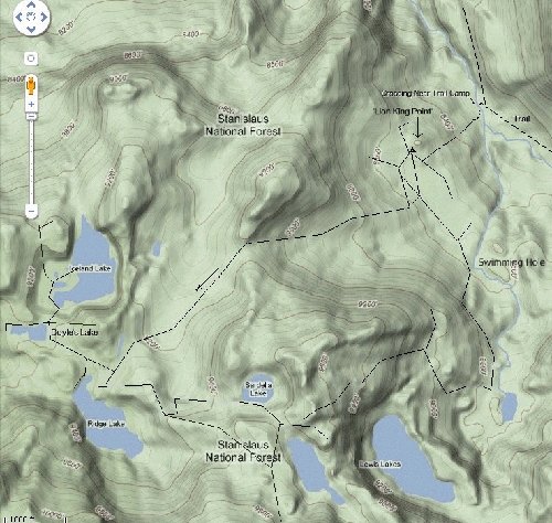 This is a map of the area and the routes I took in the area, minus the route to Granite Dome itself. I listed a few points of interest. Remember to click on the images for more detail.