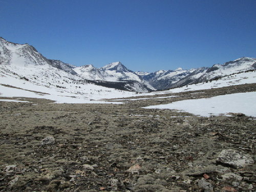Looking west from the Taboose summit towards Bench Lake and Arrow Peak