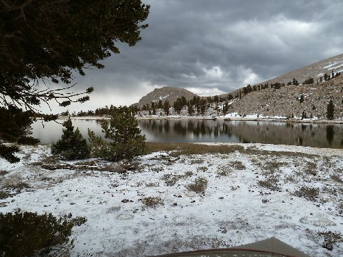 View across lake after snow fall