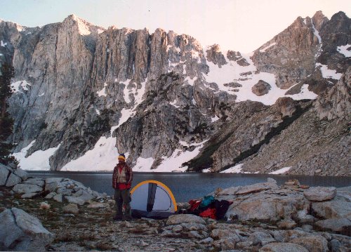 This is Amphitheater Lake at sunset the evening before the huge hike out to South Lake via Barrett Creek and Knapsack Pass.