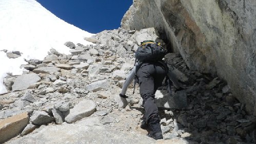 Rocks at the end of chute right before the saddle