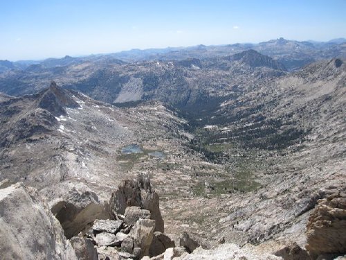 Looking down Matternhorn peak to lakes by Burro pass