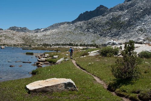 Southwest corner of Thousand Island Lake; shows use trail and pass to western Garnet