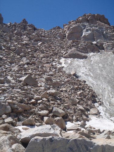 Lamarck Col from the east, 08/31/14.  Taken from what would normally have been the bottom of the tarn at the base of the glacier.