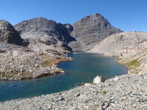 Looking SW from the NW shore of Davis Lake.  The shoreline is so convoluted that we never saw the outlet stream until we were well below the lake.