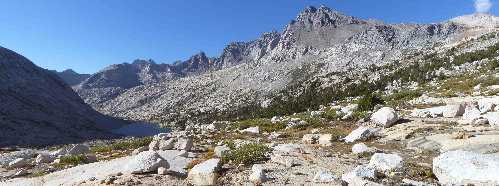 Panorama of Palisades from campsite above Palisade Lakes.