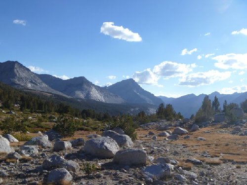 Looking west from Taboose Past near sunset. Arrow Peak and Bench Lake are in the left-center middle ground.