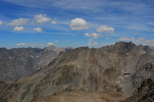 Near the summit of Wheel Mountain looking into the heart of the Black Divide. I bet the lake towards the right sees very few parties if it's ever even seen one!