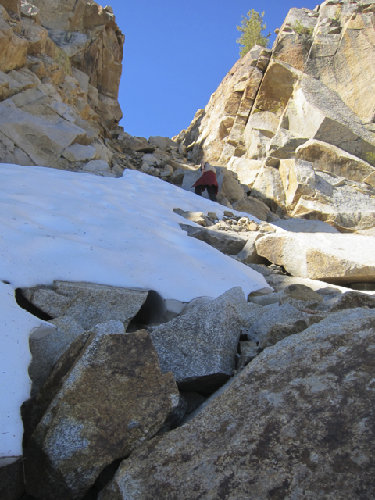 Tom nearing top of chute taken to get to Three Sisters Ridge